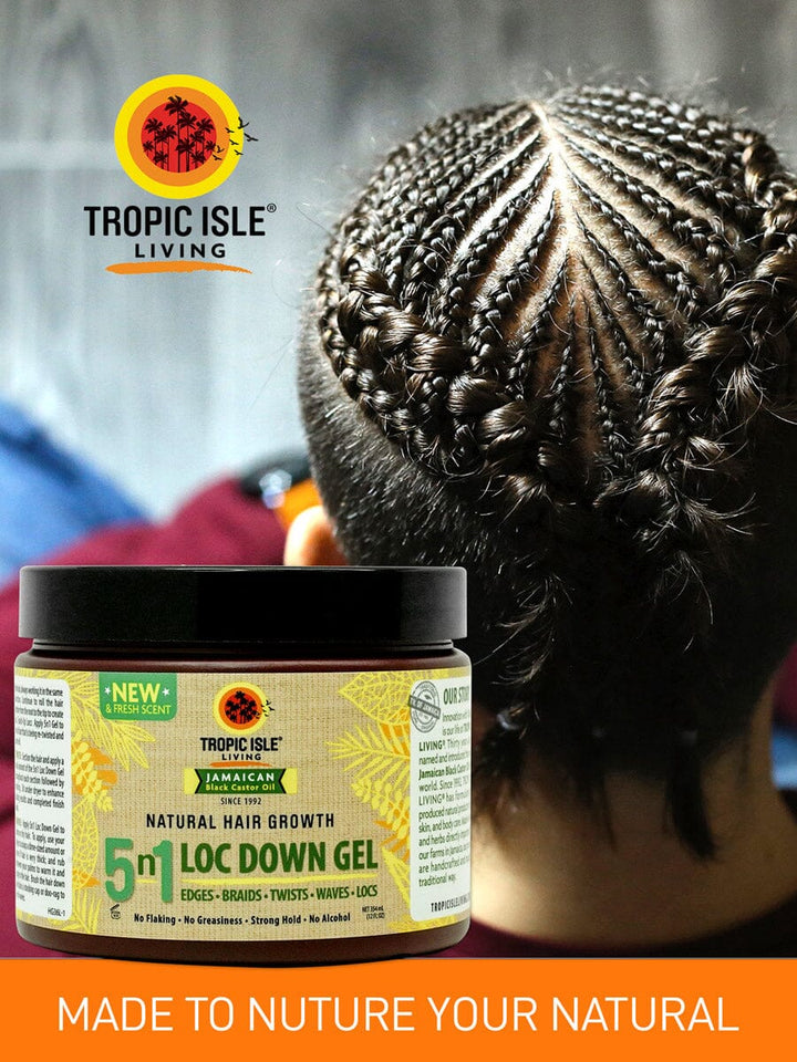 Tropic Isle Living 5N1 Loc Down Gel 12oz is a revolutionary holding gel for edges, braids, locs, twists, & waves - men, women