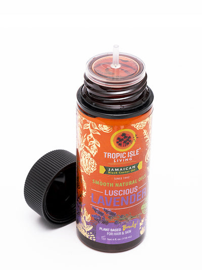 Tropic Isle Living Luscious Lavender Smooth Natural Oil 4oz clean beauty oil blend. Open cap.